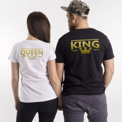 Trička se zlatým KING & QUEEN (černé nebo bílé) (Varianta DÁMSKÉHO trička Bílé S, Varianta PÁNSKÉHO trička Bílé S)