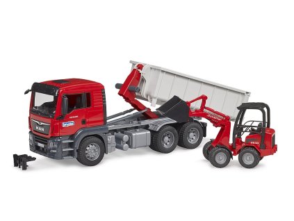 03767 man tgs truck with roll off container and schaffer hoflader 2630 1 16 bruder 03