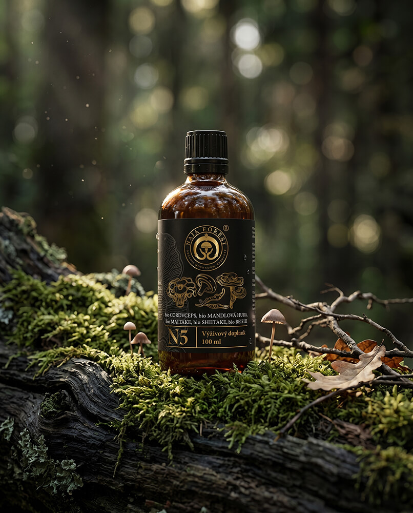 Naja Forest N5 - tekutý hubový Bio extrakt z vitálnych húb Mandľová huba, Cordyceps, Reishi, Shiitake a Maitake