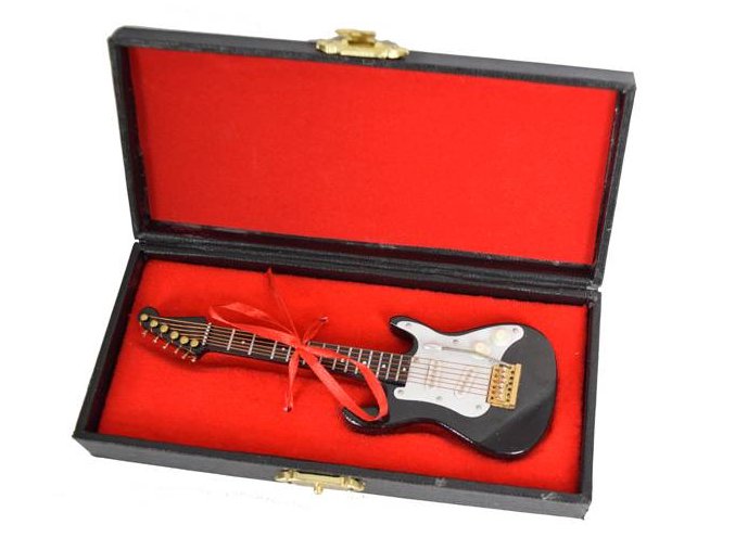 dárek pro muzikanta miniatura elektrická kytara model STRAT v kufříku černý