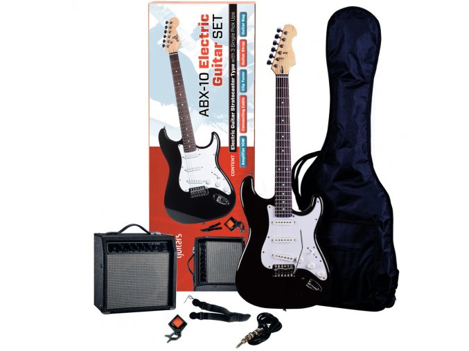 ABX SET černá elektrická kytara kombo obal ladička řemen kabel ABX 10