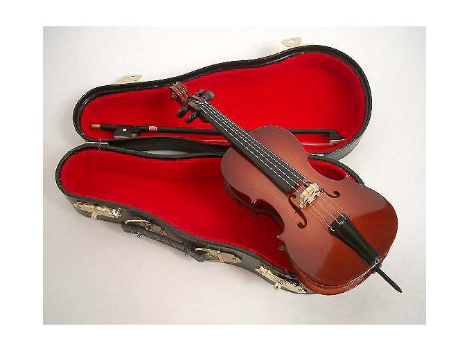 dárek pro muzikanta miniatura cello se smyčcem v kufříku