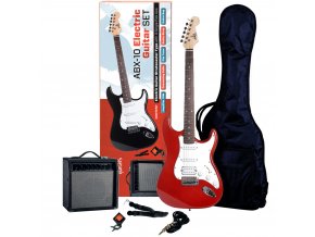 ABX SET červená elektrická kytara kombo obal ladička řemen kabel