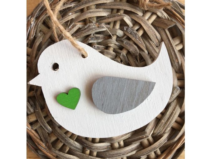 Dřevěný ptáček bílý 7 cm zelené srdce
