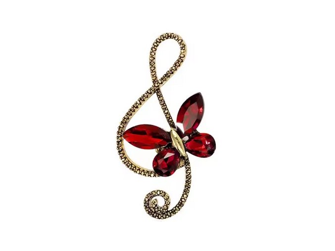 Brož MOTÝLEK s houslovým klíčem červená