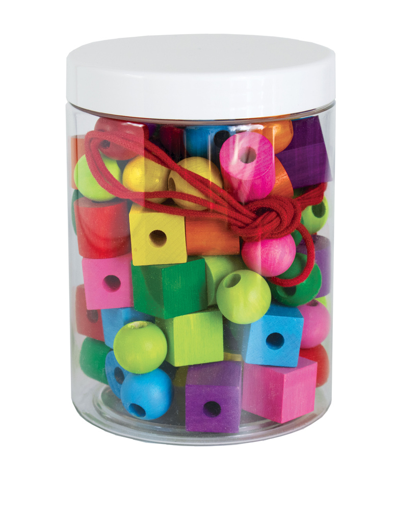 Detoa Maxiperle dřevěné barevné se šňůrkou 92 ks v plastové dóze 10x14cm