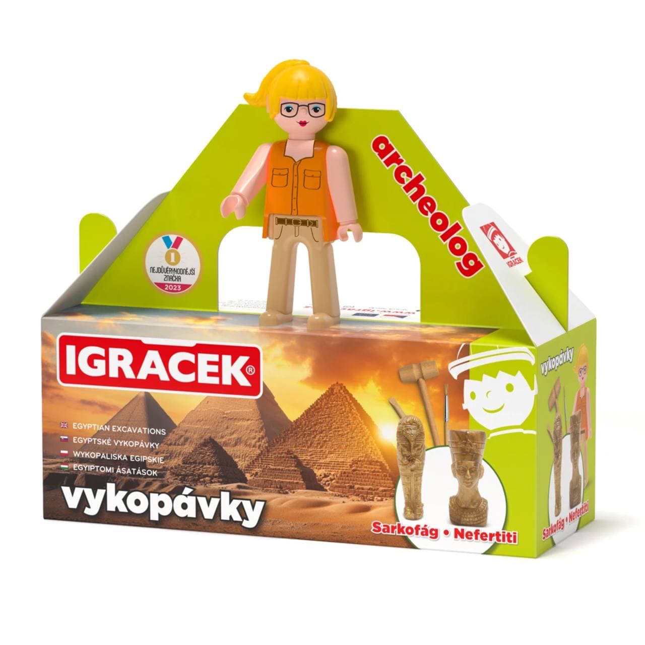Igráček Archeoložka - figurka s egyptskými vykopávkami sarkofágu a sošky Nefertiti