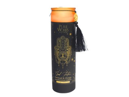 371429 organicka svice 300 g v barevne vysoke sklenici se strapcem patchouli orange
