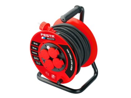 388694 kabel prodluzovaci na bubnu venkovni festa industry 3x1 5mm 50m 230v max 3680w 4 zasuvky guma ip44