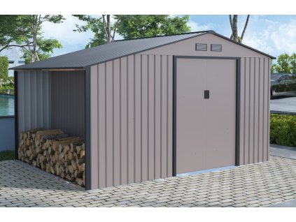 18523 zahradni domek sedona c s drevnikem 342x259x203 cm 8 86m2 sedy