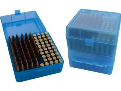 Krabička na náboje MTM Cases, Rifle, 100ks 308 Win. apod., transparentní modrá