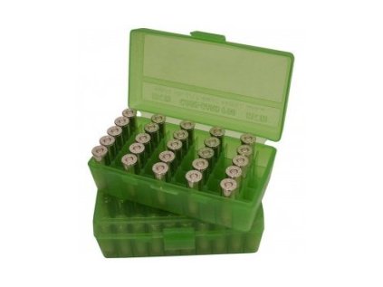 Krabička na náboje MTM Cases, Pistol, 9mm, 50ks, barva zelená čirá