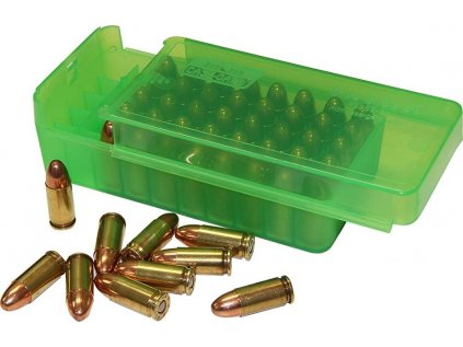 Krabička na náboj MTM Cases, 50ks pistolvých 9mm, transparentní zelená