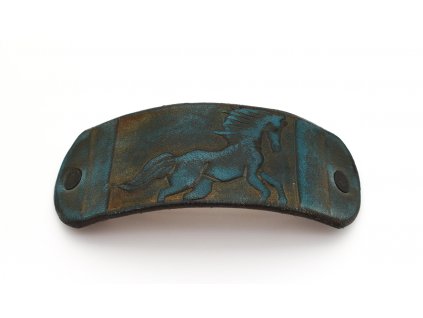 Kožená spona do vlasov Kôň - modrá, pony zapínanie 8 cm