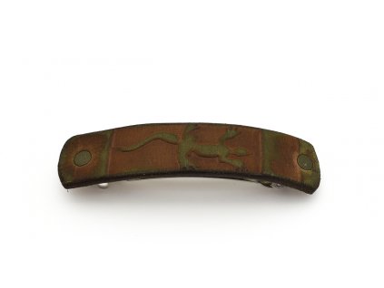 Kožená spona do vlasov Jašterica - hnedozelená, zapínanie 8 cm