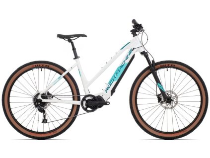 Rock Machine Torrent e30-29 Easy Entry – celkový pohled na elektrokolo v barvě Gloss White/Petrol/Neon Cyan