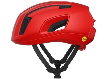 POC Cytal Prismane Red Matt – silniční přilba s Mips, červené matné provedení, aerodynamický tvar zleva