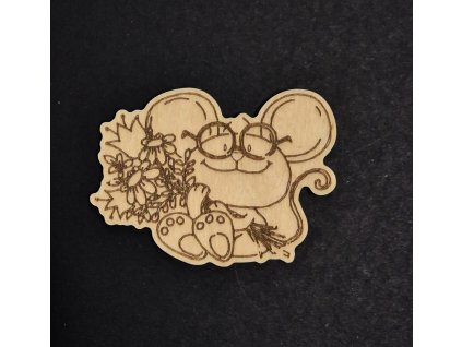 Hurá Papír - myš s kytkou - dřevěný obrázek + magnet; magnetek na lednici