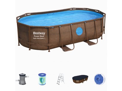 Bazén s konstrukcí s oválným půdorysem 424 x 250 x 100 cm RATTAN se schůdky a filtrací