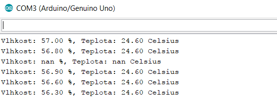 Výstup teplotního senzoru DHT22 a DHT11 do seriál monitoru s chybou