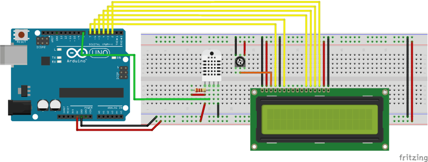 Zapojení DHT22 a DHT11 s deskou Arduino UNO, kde je výstup prezentován na 16x2 LCD displey