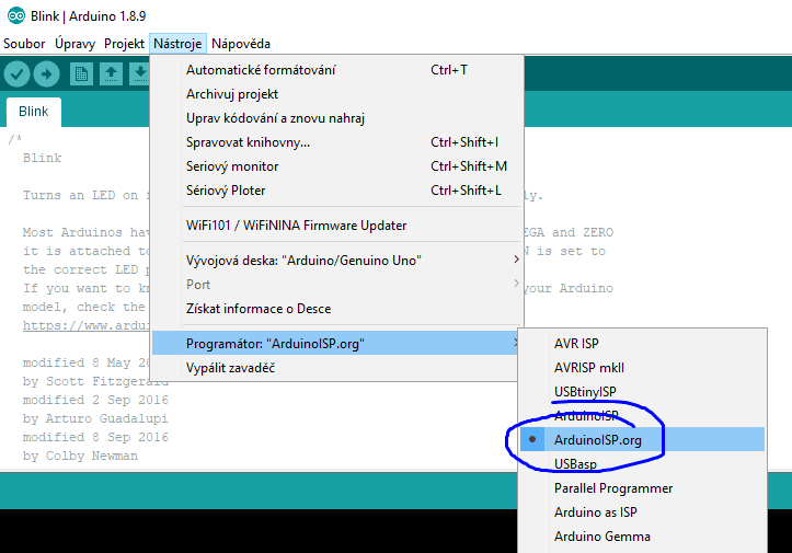 Arduino ISP nastavení programátoru