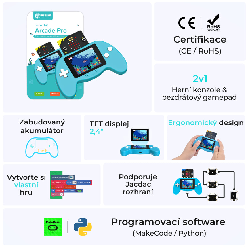 Arcade Pro – herní konzole pro výuku programování micro:bit vlastnosti