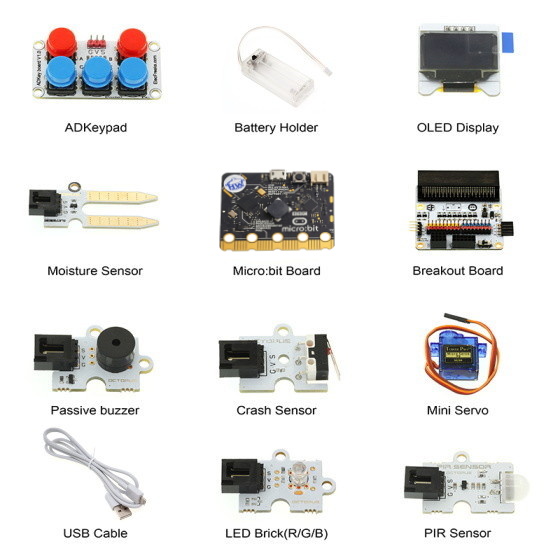 BBC micro:bit v2 kutilský kit komponenty