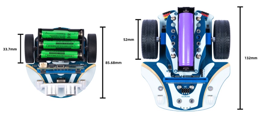 Cutebot Pro - Bravurně jezdící závodnička pro micro:bit rozměry