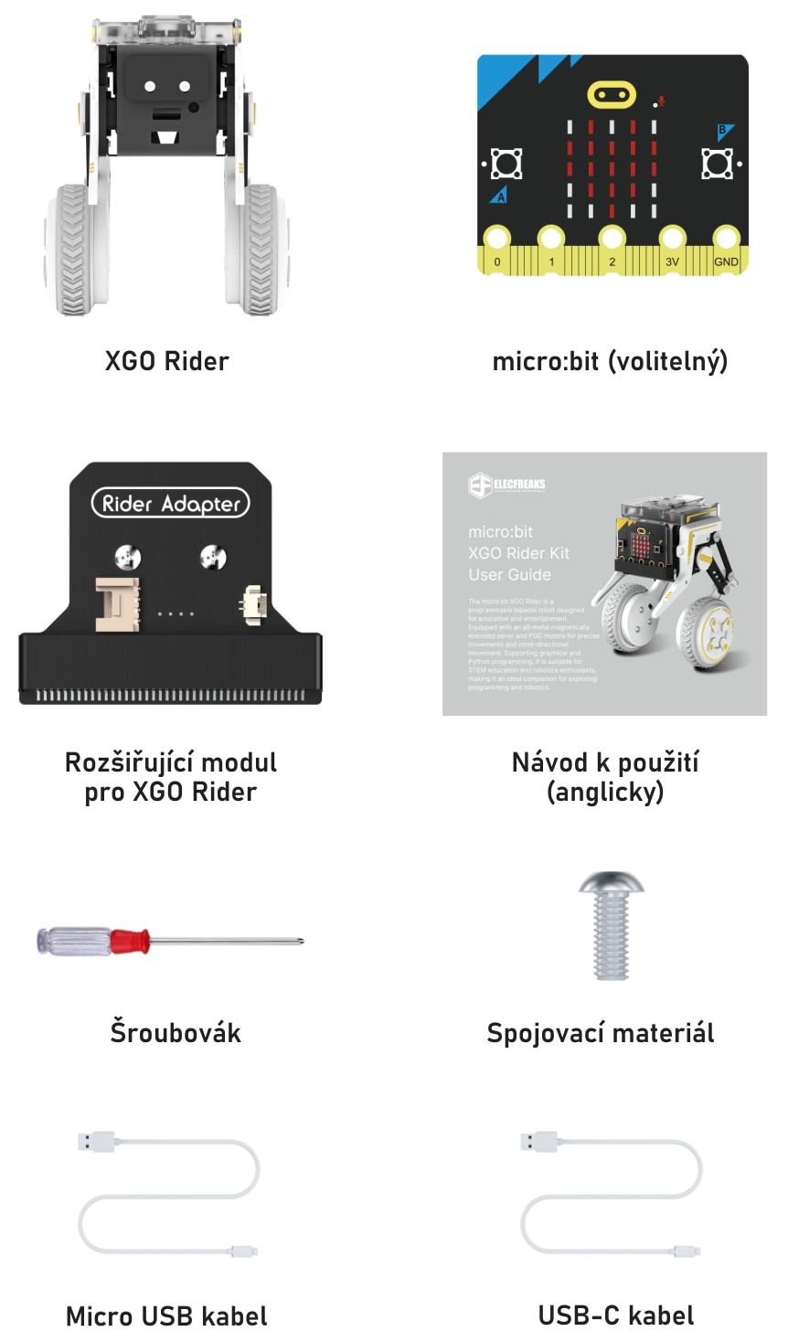 micro:bit XGO Rider Kit (bez micro:bit) součásti