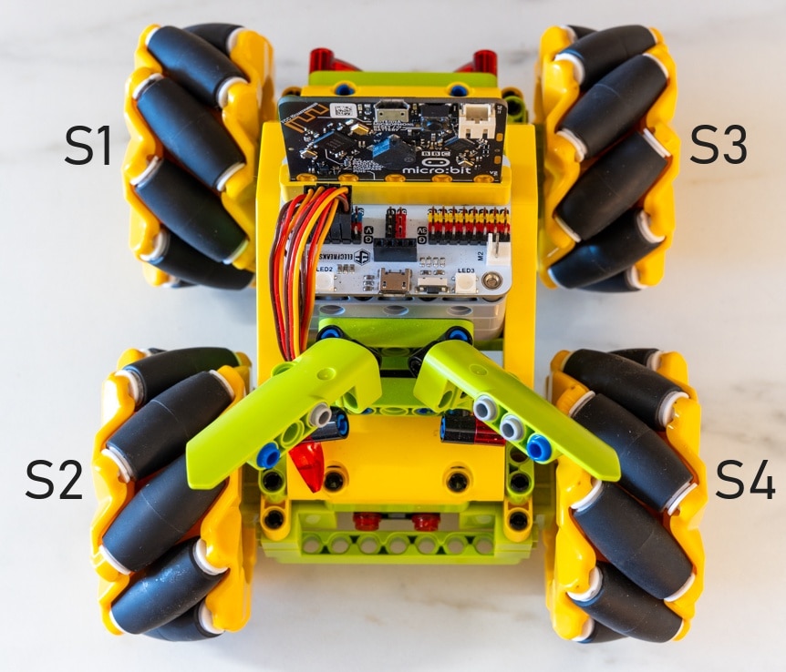 Micro:bit Mecanum bugina s pohybem 360° - zapojení serv