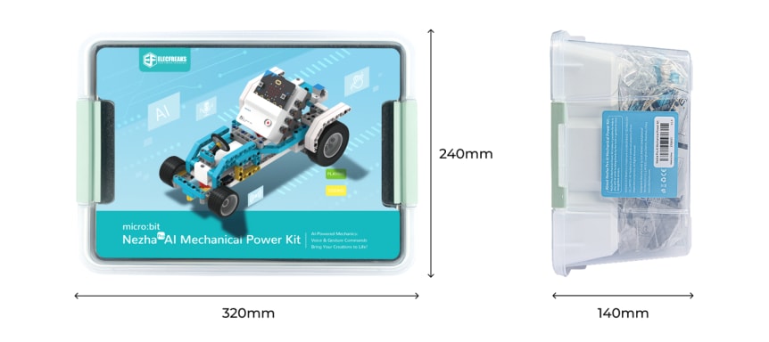 Micro:bit Nezha Pro AI Mechanical Power Kit – robotická AI stavebnice pro děti (bez micro:bit) rozměry