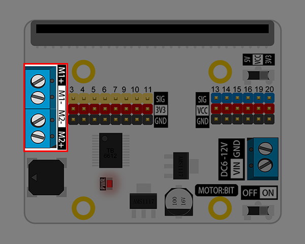 Motor:bit pro micro:bit - rozšiřující modul pro motory - konektory pro motory