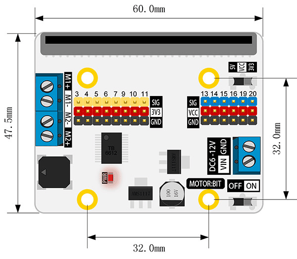 Motor:bit pro micro:bit - rozšiřující modul pro motory - rozměry