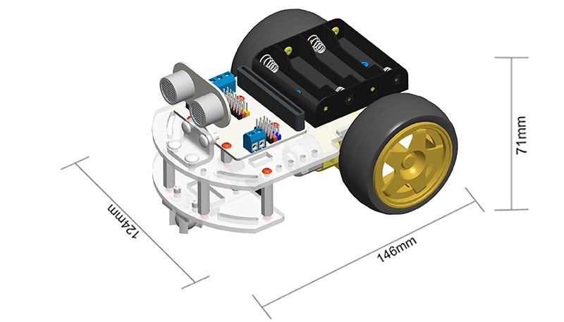 Motor:bit kit chytrý robot s Micro:bit rozměry