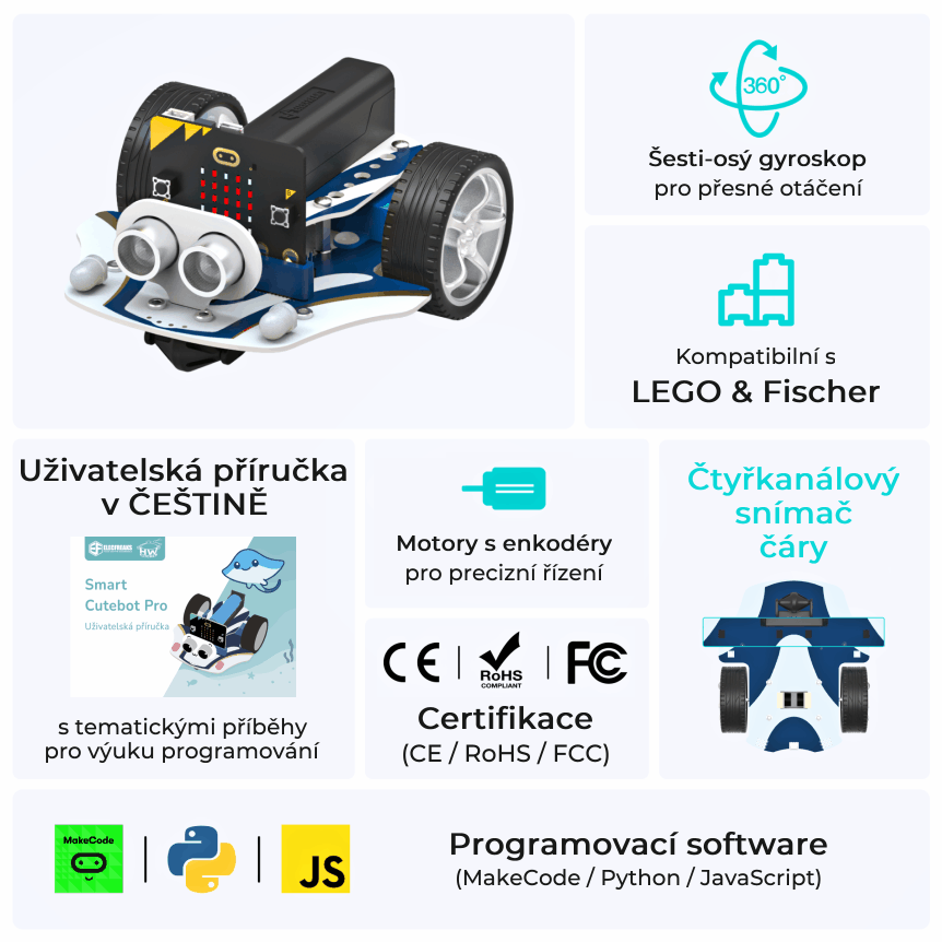 Smart Cutebot Pro - Bravurně jezdící auto pro výuku programování micro:bit vlastnosti