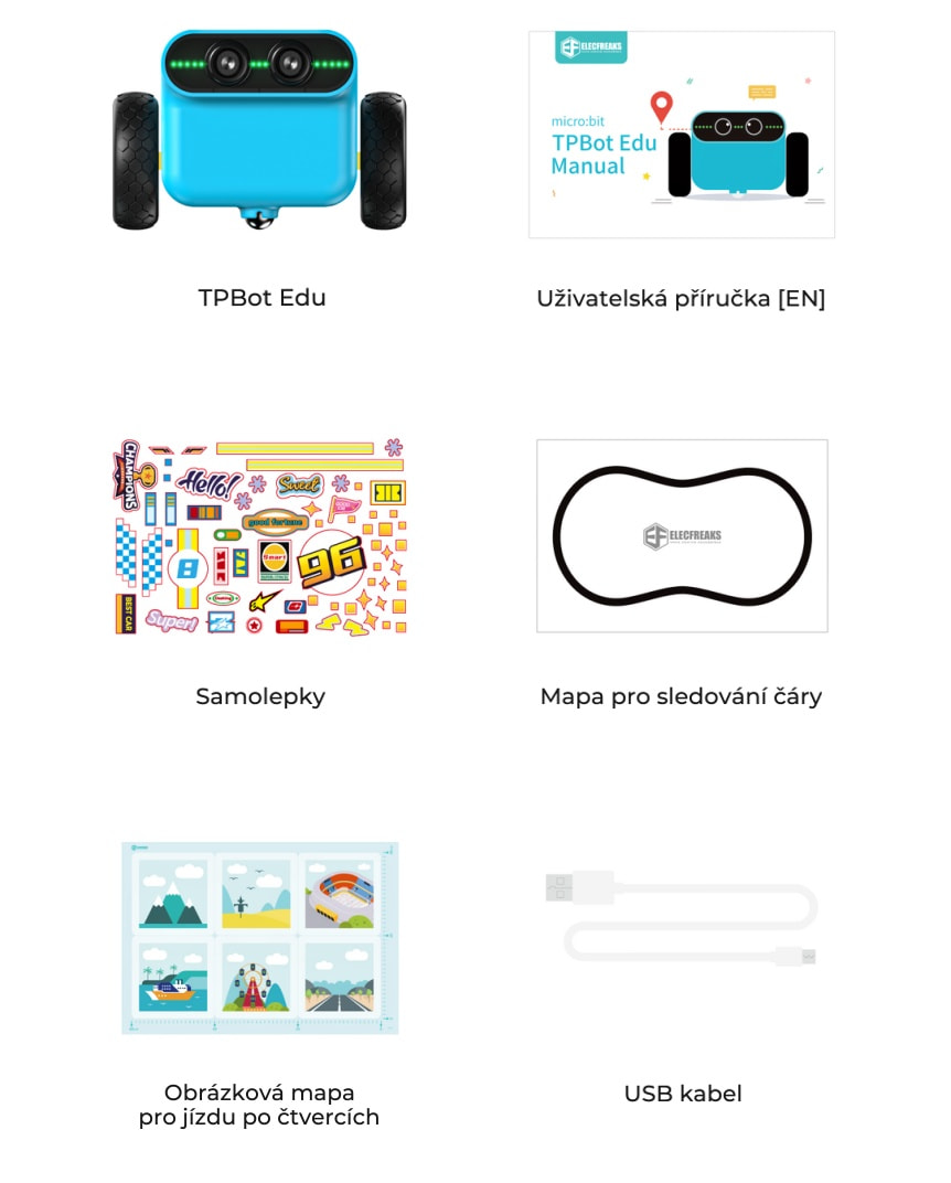 TPBot Edu - chytré robotické vozítko pro výuku programování micro:bit součásti balení