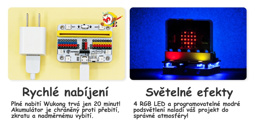 Wukong pro microbit nabíjení a světelné efekty