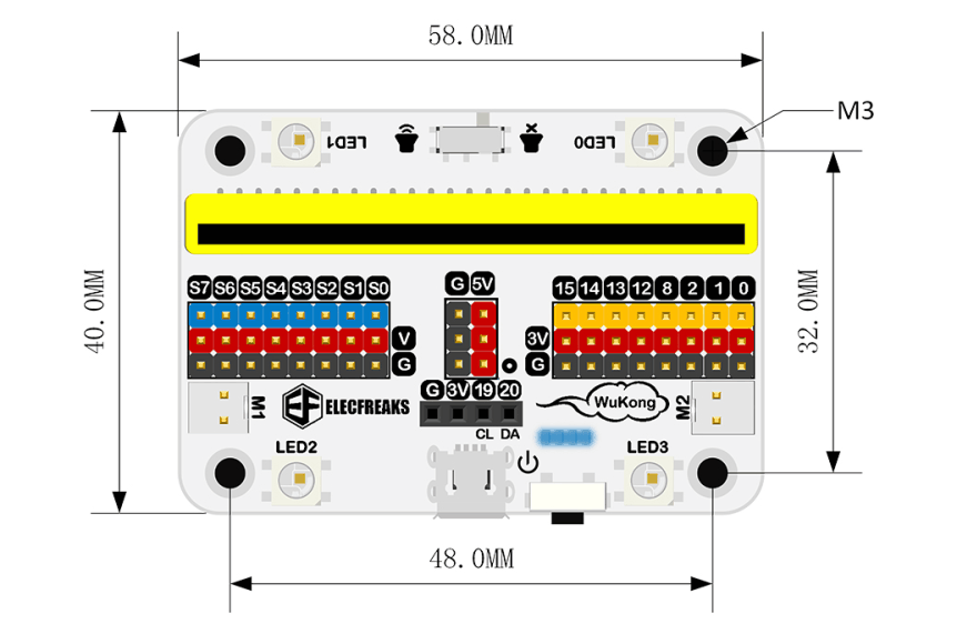 Wukong - rozšiřující modul pro LEGO micro:bit robota - rozměry