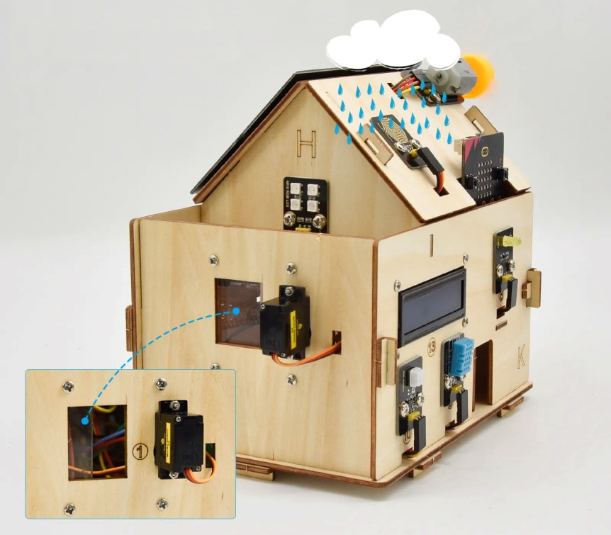 Keyestudio chytrý domeček pro micro:bit - STEAM DIY výukový kit (bez micro:bit) příklad použití 1