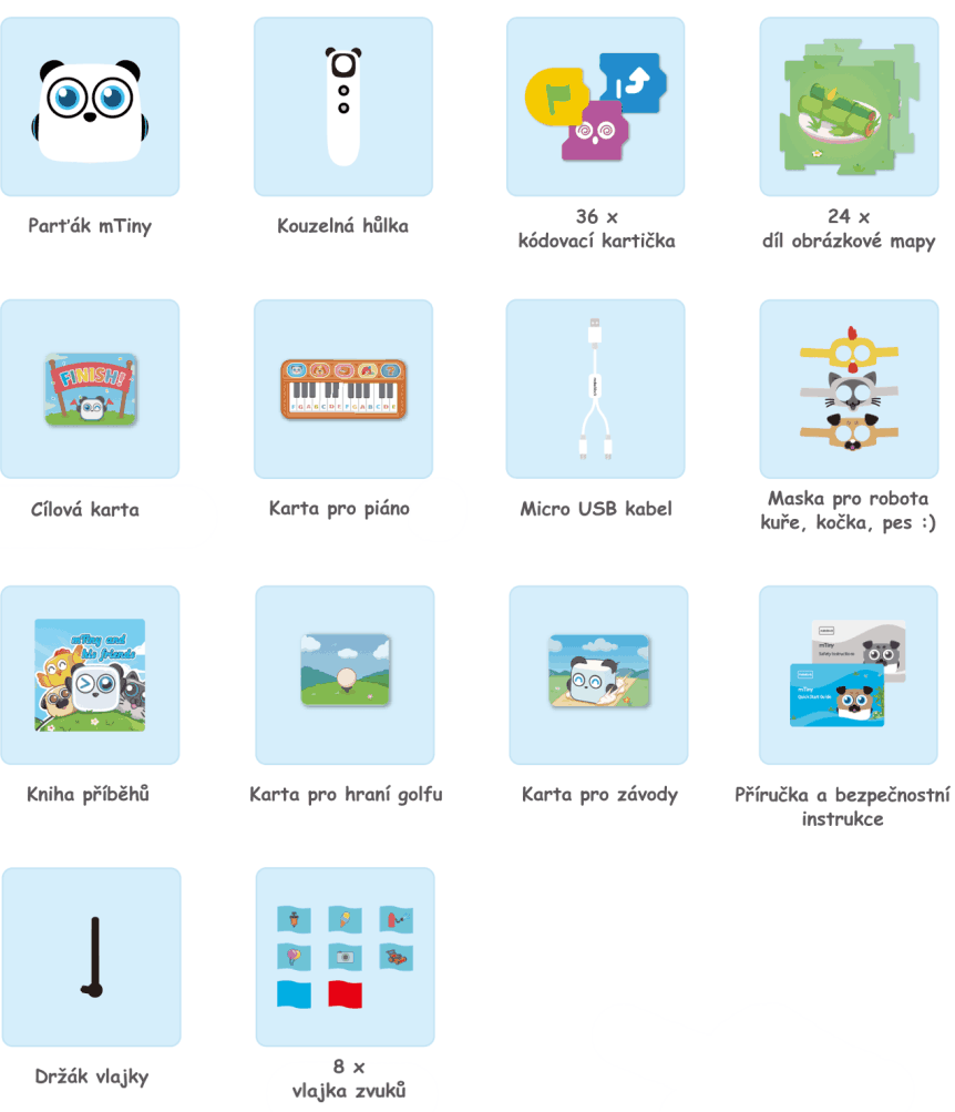 mTiny - kouzelný robůtek pro nejmenší děti - součásti balení
