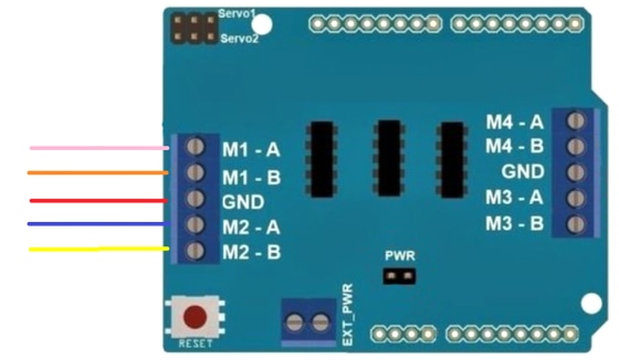 Schéma zapojení krokového motoru 28BYJ do Arduino motor shieldu L293D