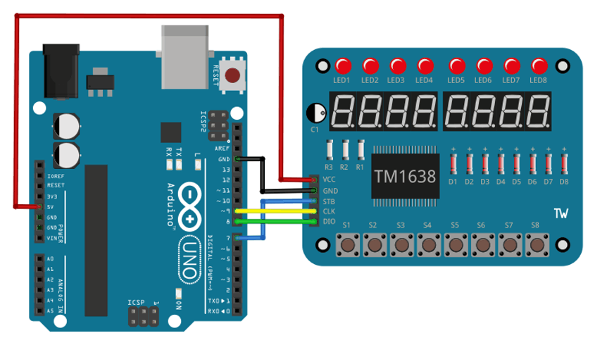Ovládací panel TM1638 - zapojení s Arduino