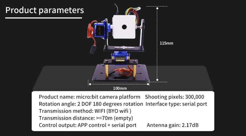 WiFi kamera, 2-DOF držák + super:bit pro micro:bit rozměry