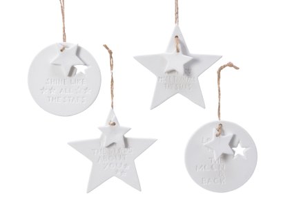 Vianočné ozdoby - porcelánové biele s nápismi v tvare hviezdičky a kruhu