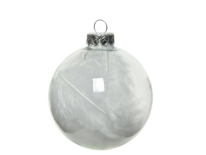 Vianočné gule - priehľadná s bielymi pierkami, set 4ks