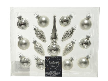 Strieborný mini set vianočných ozdôb so špicom, set 15ks