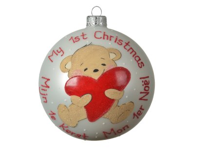 Vianočná guľa - sklenená bielo-červená s motívom macka a nápisom "My 1st Christmas"