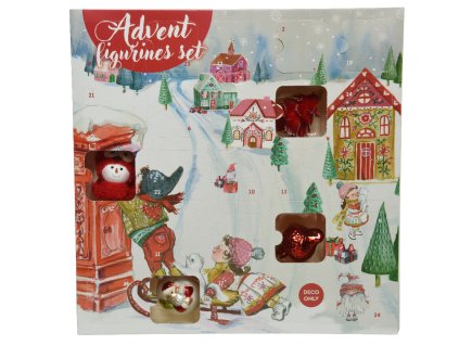 Vianočná dekorácia - adventný kalendár so sklenenými ozdobami, ružovo-červený