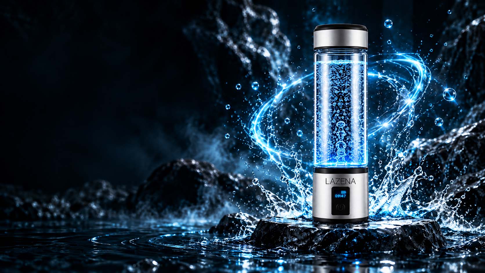 LAZENA hydrogen water bottle surrounded by illuminated water